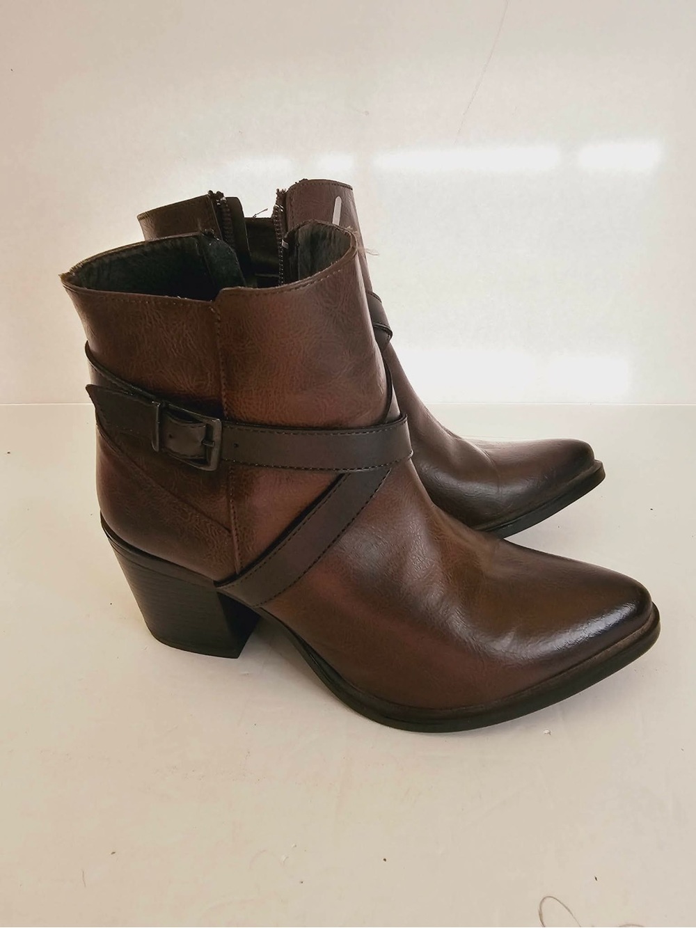 Women's Brown Leather Ankle Booties with Buckle Strap